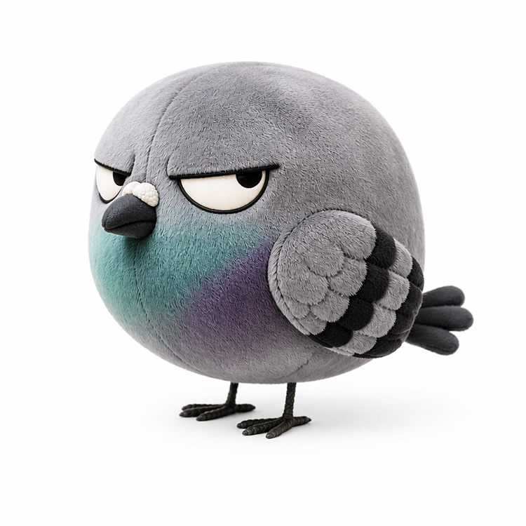Brinquedo de pelúcia de pombo julgador gordinho
