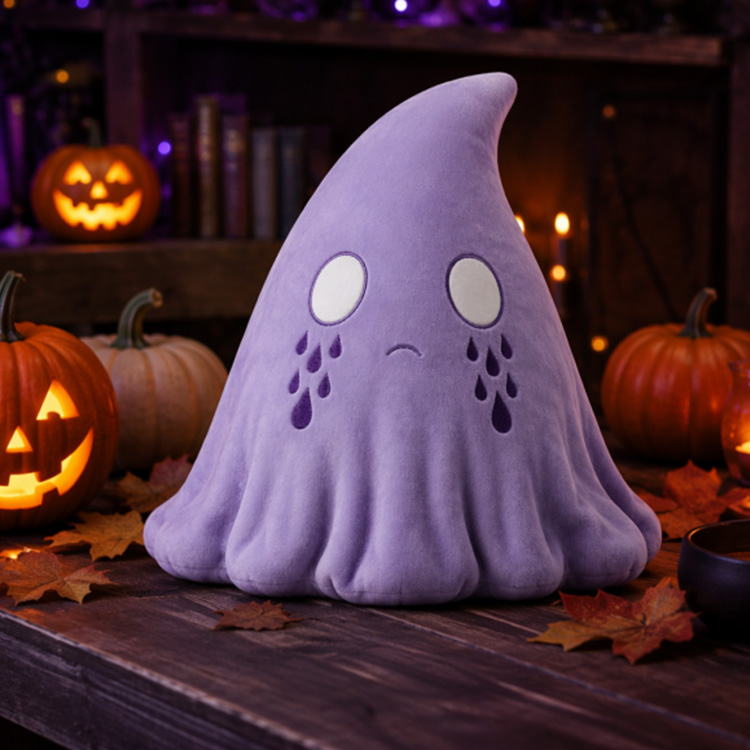 Brinquedo de pelúcia roxo triste fantasma assustador